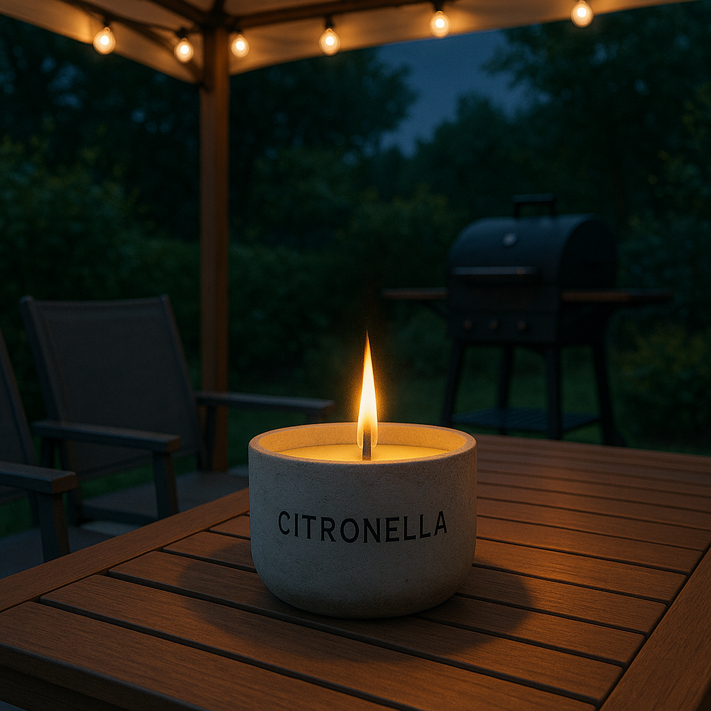 lit outdoor citronella candle is placed on the table that located in a cozy gazebo
