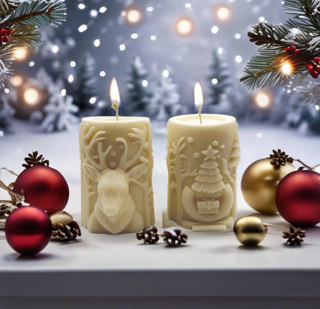 2 Christmas pillar candles on the festive background