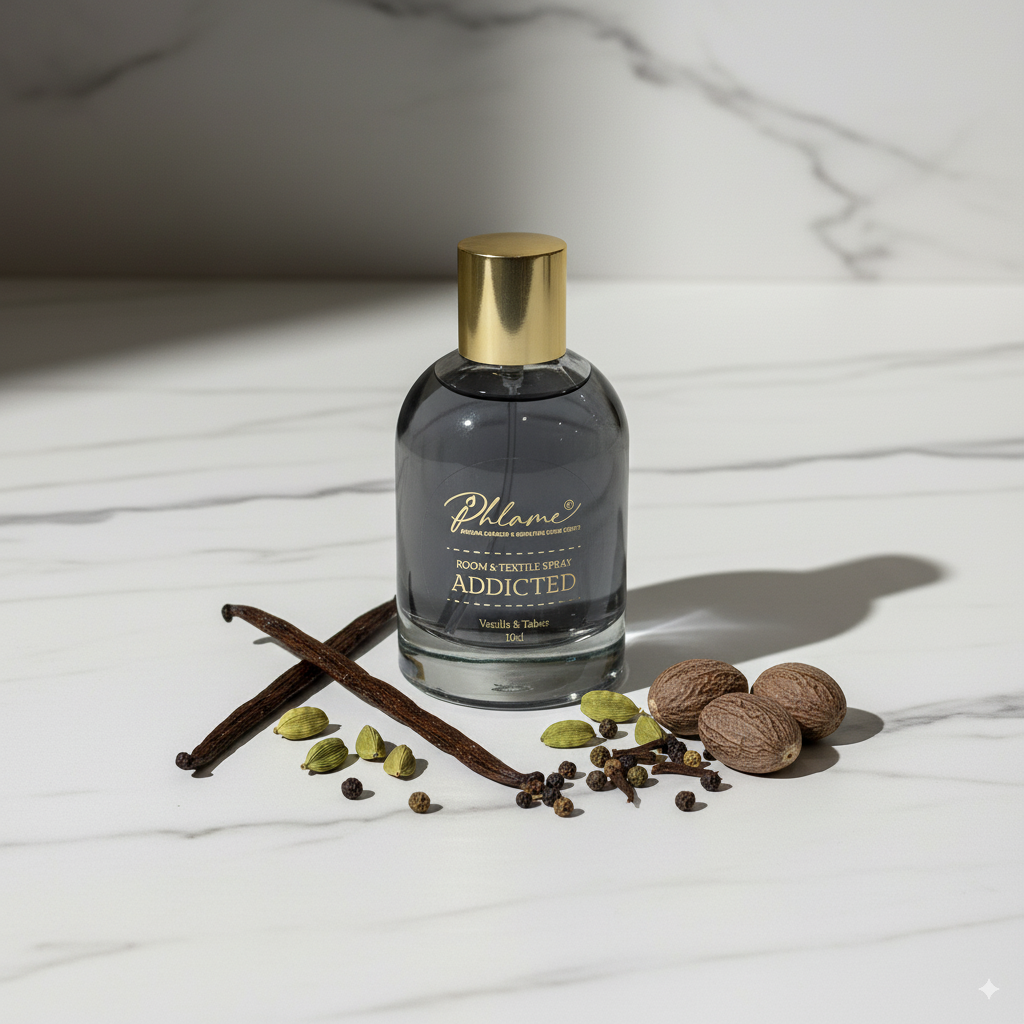 Addicted Vanille & Tabac Noir room and textile spray in black bottle with gold cap.