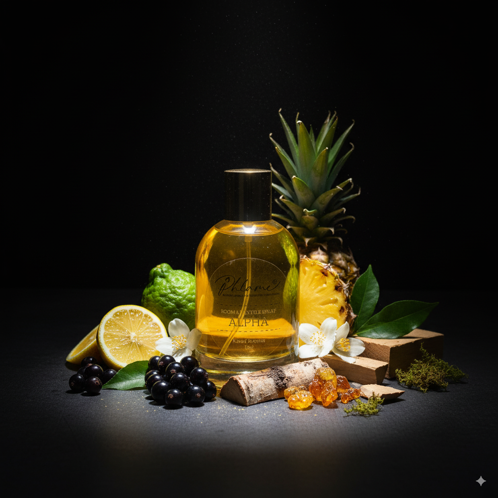 Black and gold Phlame Alpha bottle, masculine fragrance for home and car.