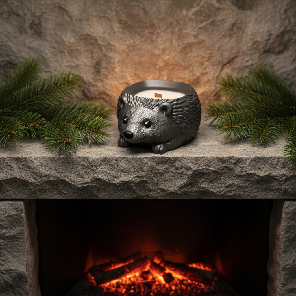 Hedgehog-shaped candle on a stone surface with a fireplace in the background