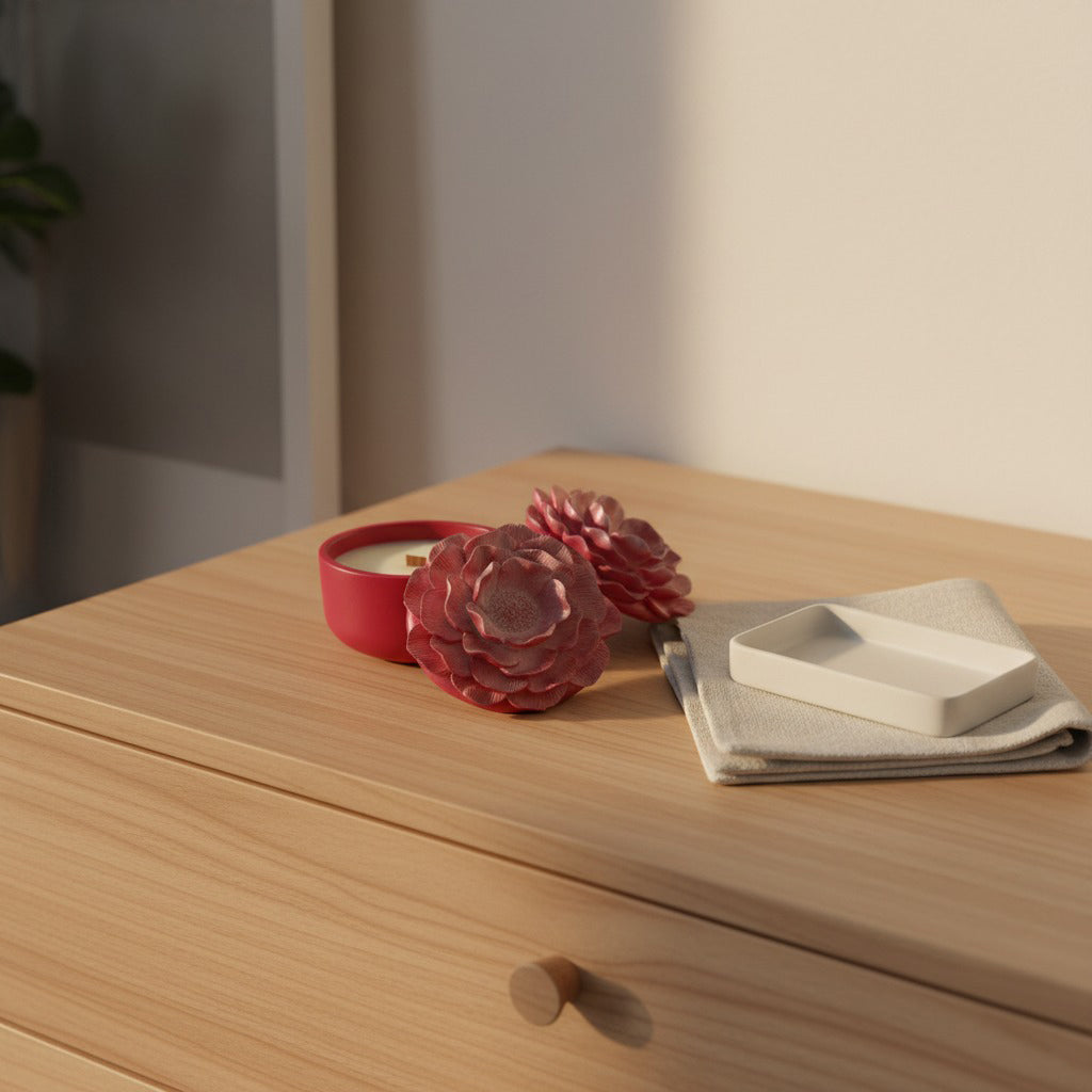 Red candle and decorative flowers lid on a wooden surface with a neutral background