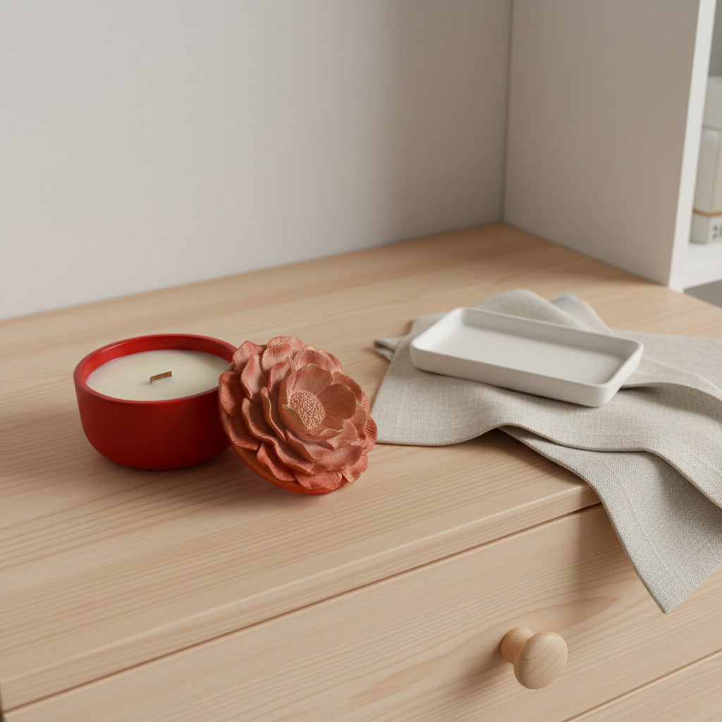 Red candle and decorative item on a wooden surface with a neutral background