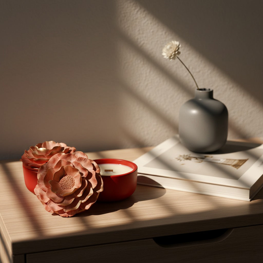 Blooming Peony artisan candle, scented with floral bouquet fragrance, luxury home décor.