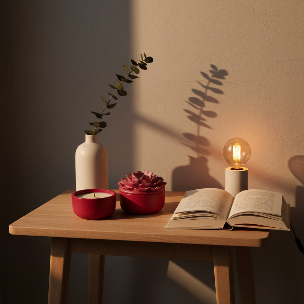 Wooden table with a vase, candle, succulent, and open book against a wall.