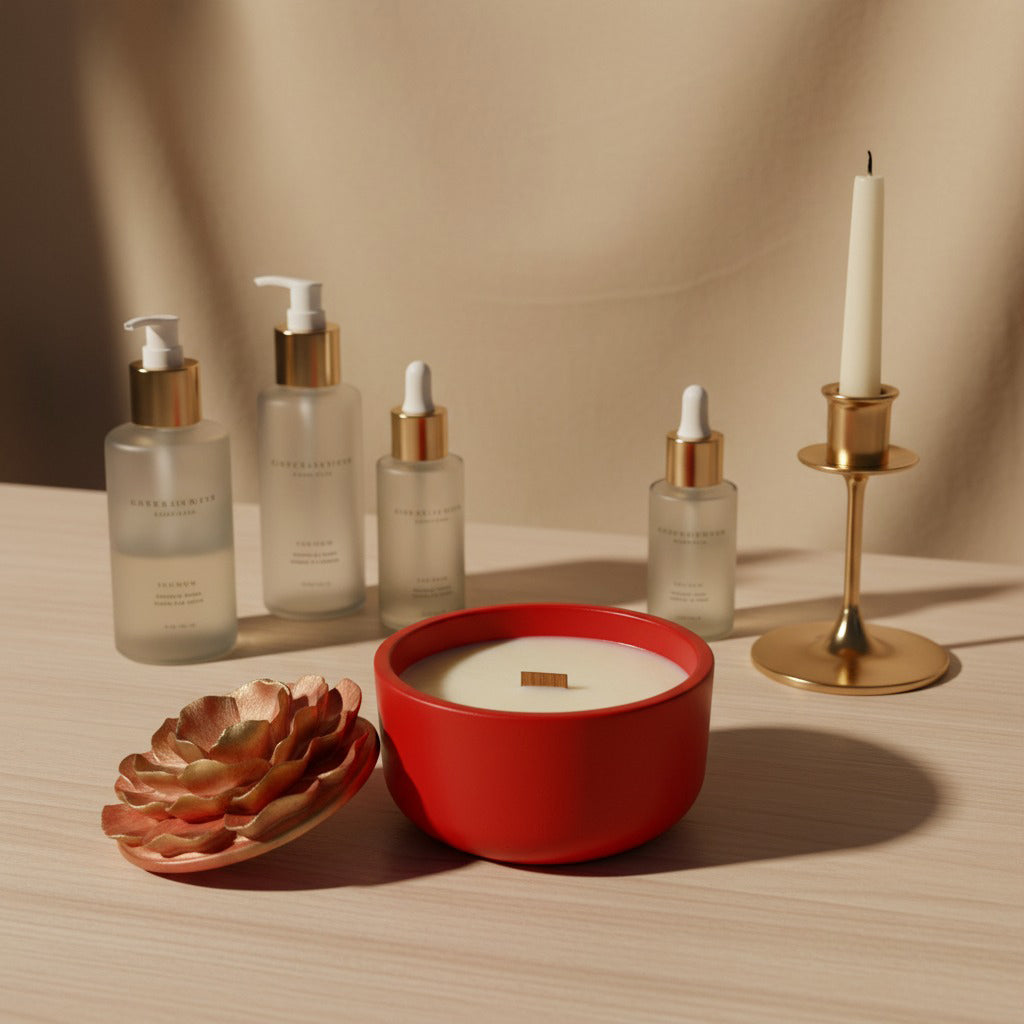 Blooming Peony artisan candle, scented with floral bouquet fragrance, luxury home décor.