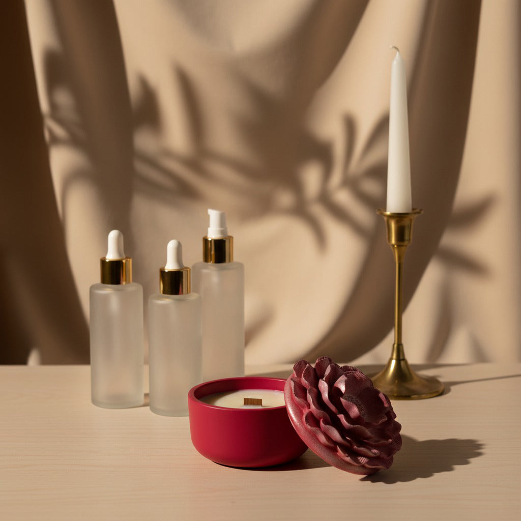 Handmade soy wax candle with pink peony aroma, vessel doubles as jewellery box.