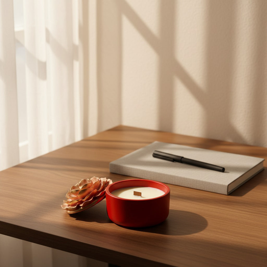 Red candle, notebook with pen on a wooden table with soft lighting.