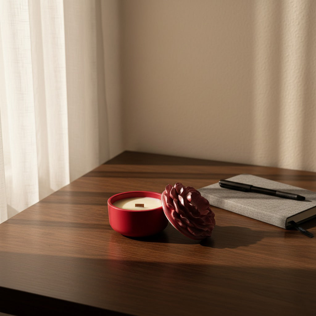 Red candle on a wooden table with a curtain in the background