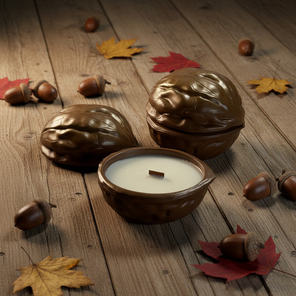 Candle inside a walnut shell holders on a wooden surface with autumn leaves and acorns.