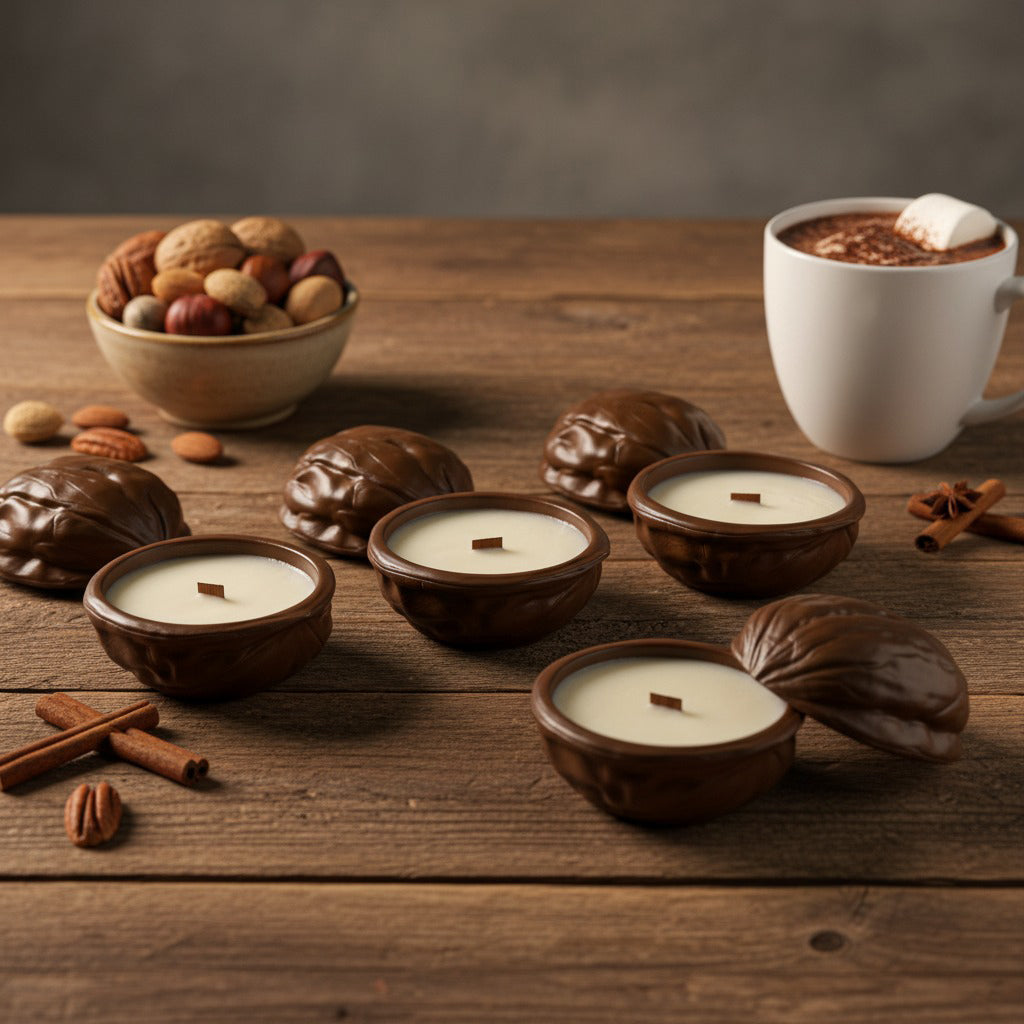 Candle holders shaped like walnuts on a wooden table with a cup of hot chocolate and nuts.