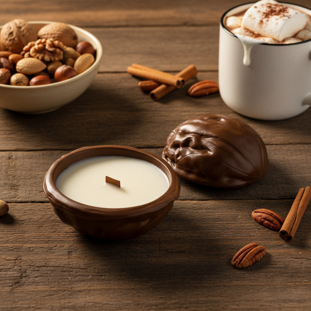 Candle in a nut-shaped holder with a bowl of nuts, cinnamon sticks, and a mug on a wooden surface.
