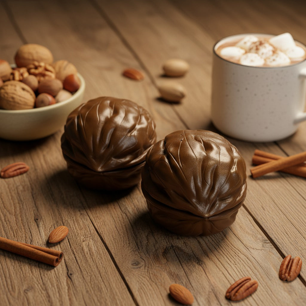 Stonecast walnut-shaped candle, blueberry muffin scent, perfect cozy autumn and winter home fragrance gift.