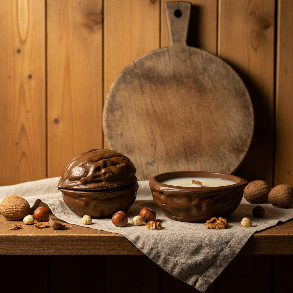 Walnut shaped candle, walnuts, and hazelnuts on a wooden surface.