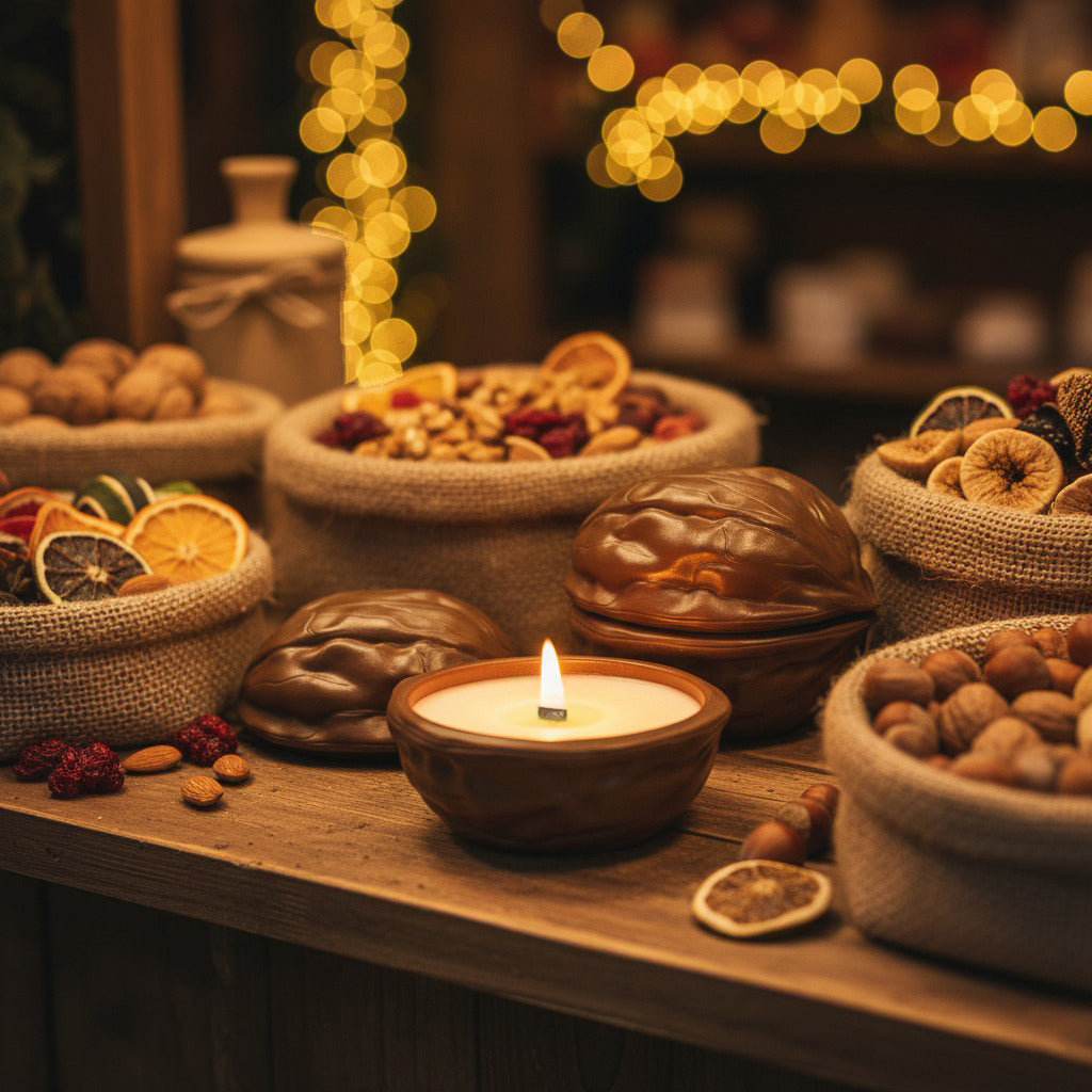 Decorative setup with candles, nuts, and dried fruits on a wooden surface with blurred lights in the background.