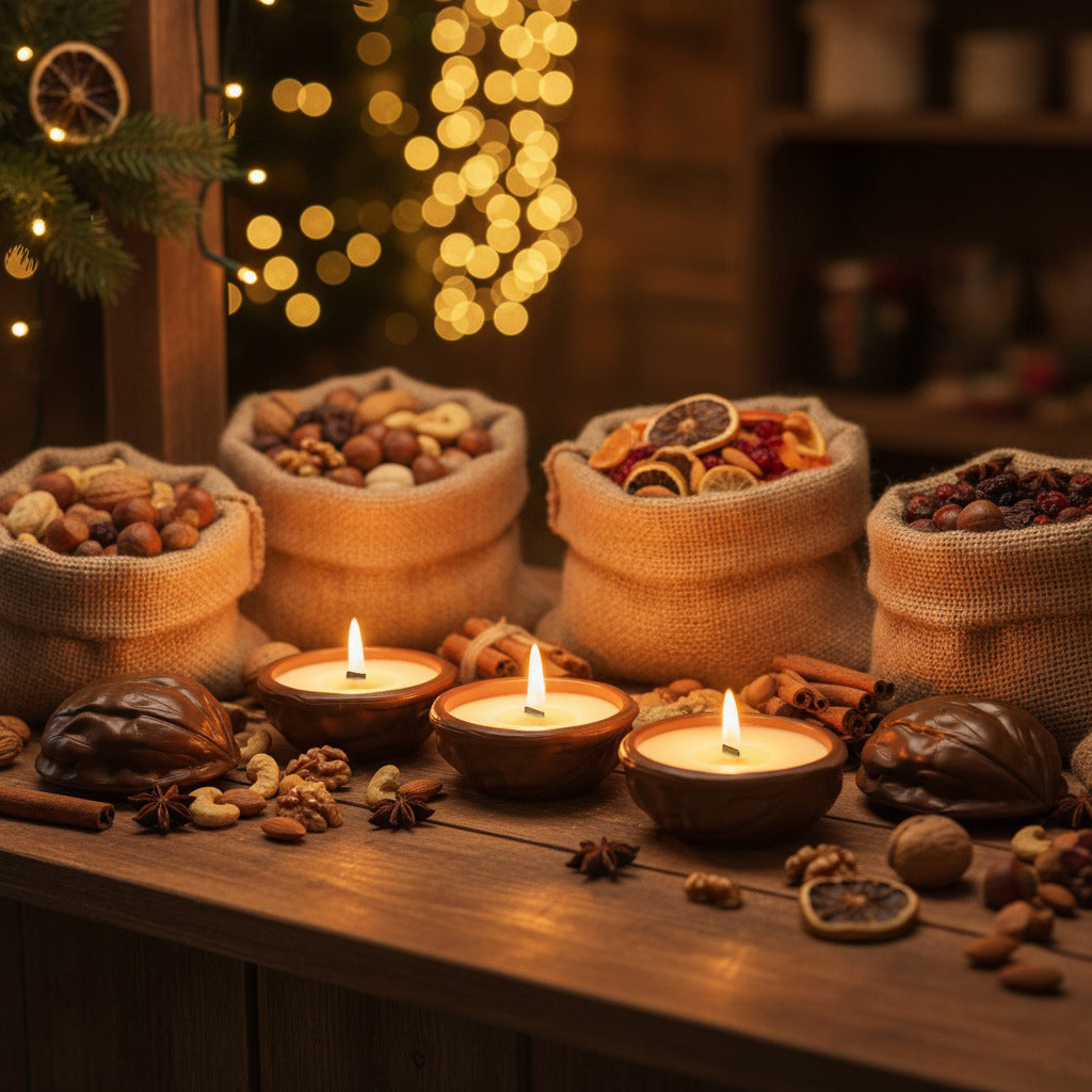 Handcrafted walnut-shaped candle in stonecast jar, soy wax with blueberry muffin fragrance, artisan home fragrance gift.