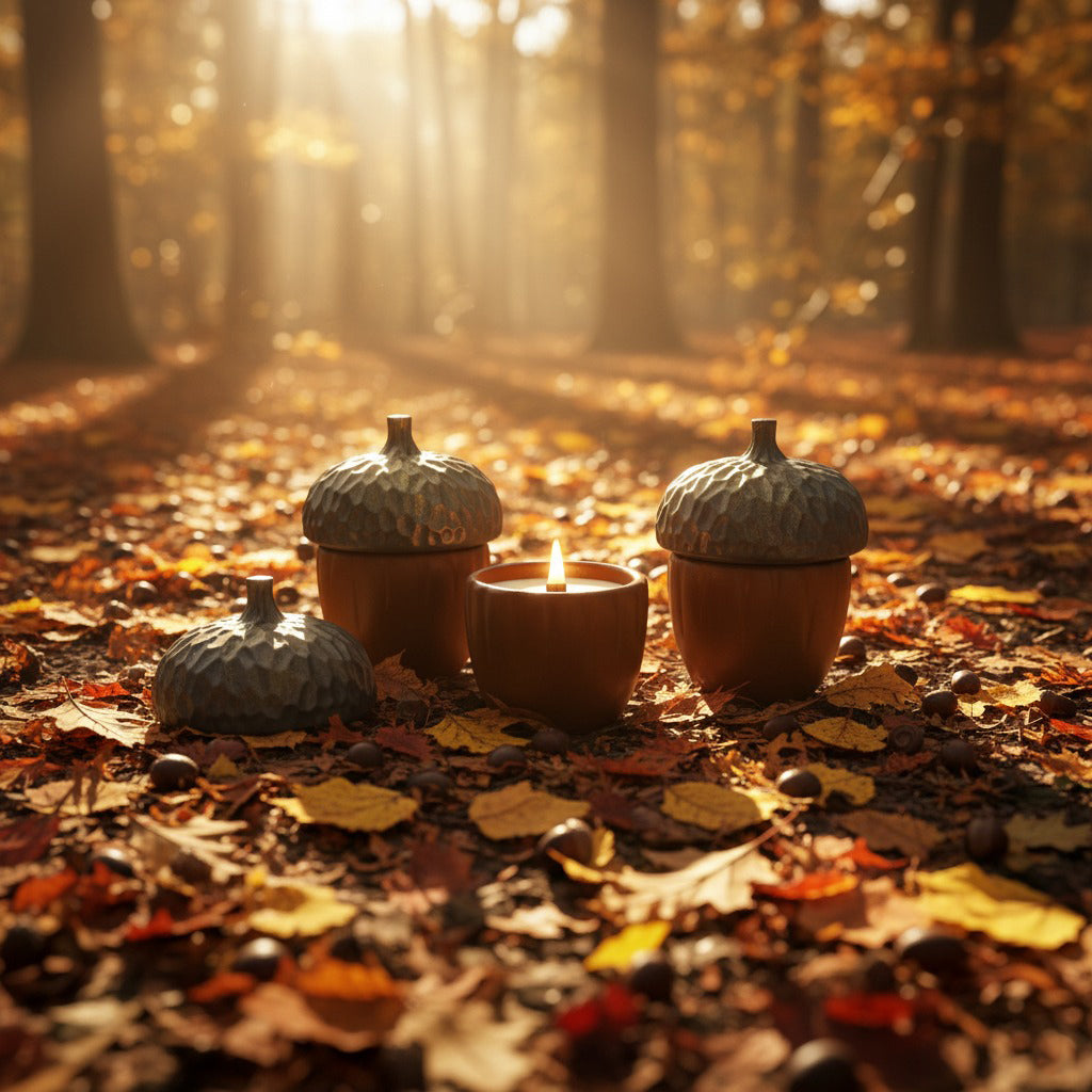 Candle in acorn-shaped holders on a forest floor with autumn leaves and sunlight filtering through trees.