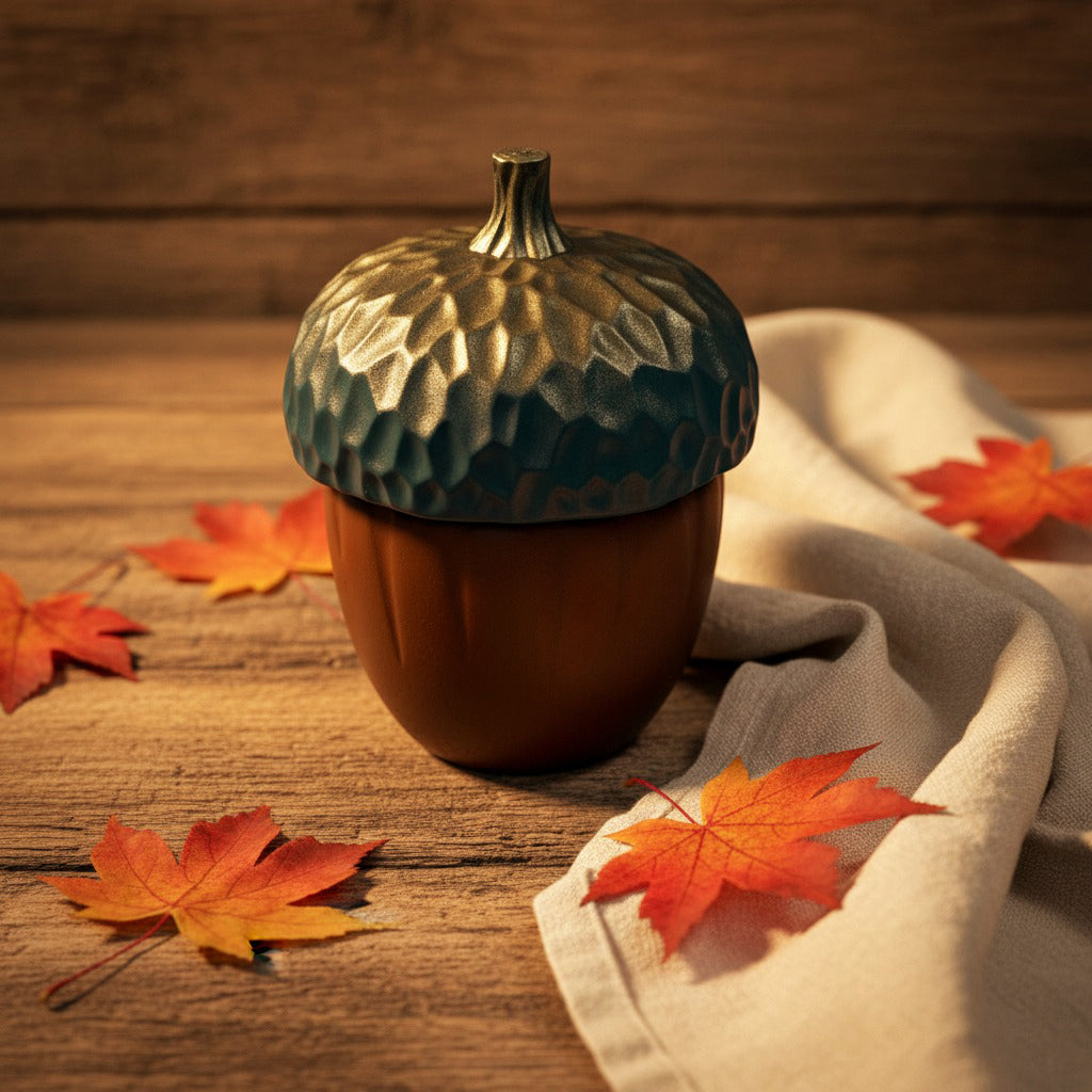 Decorative acorn-shaped candle with autumn leaves on a wooden surface