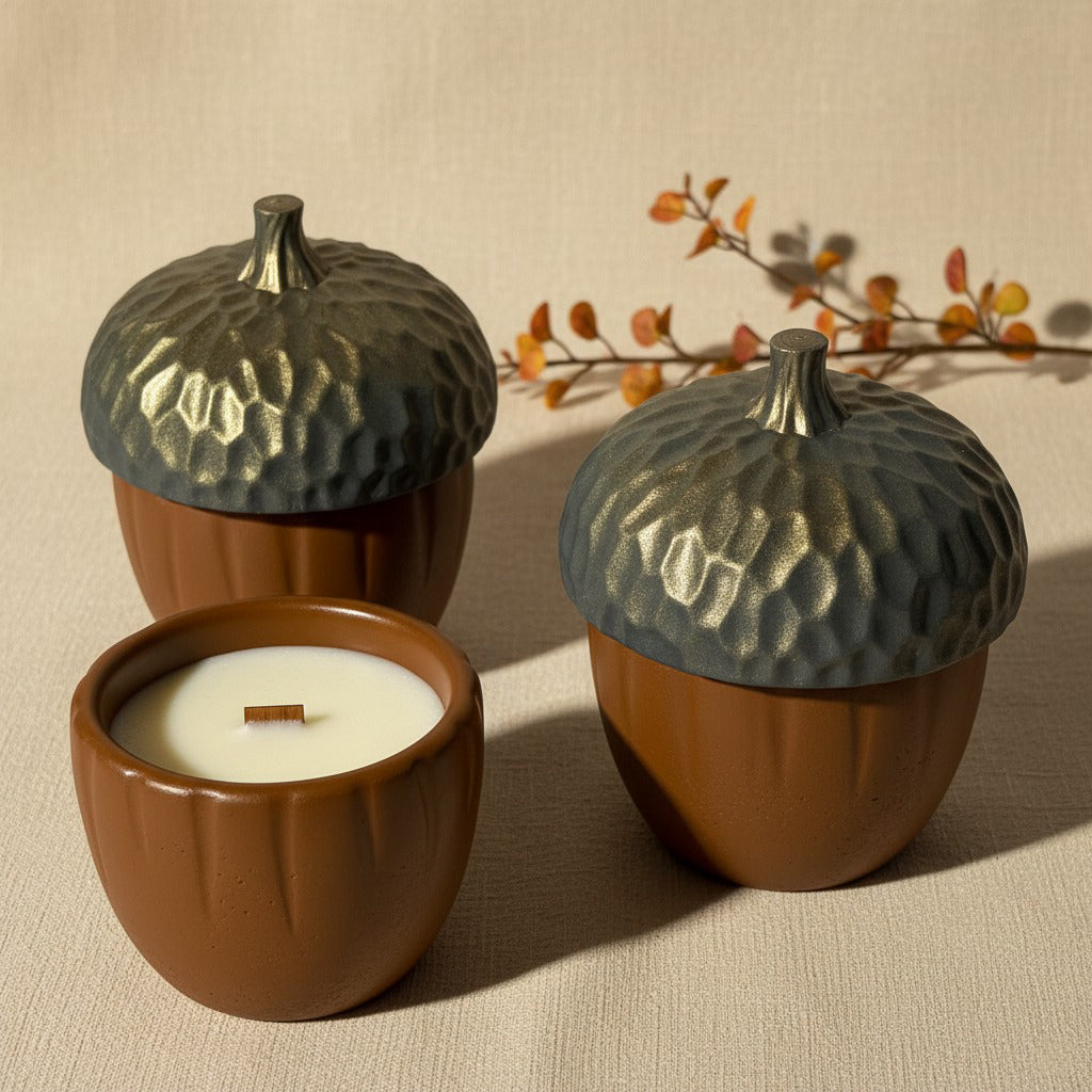 Three acorn-shaped candles with textured lids on a beige background