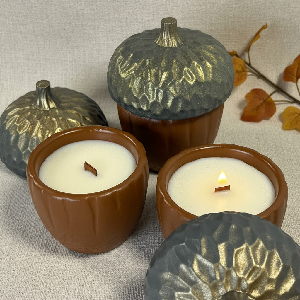 Decorative candles shaped like acorns on a textured surface with autumn leaves.