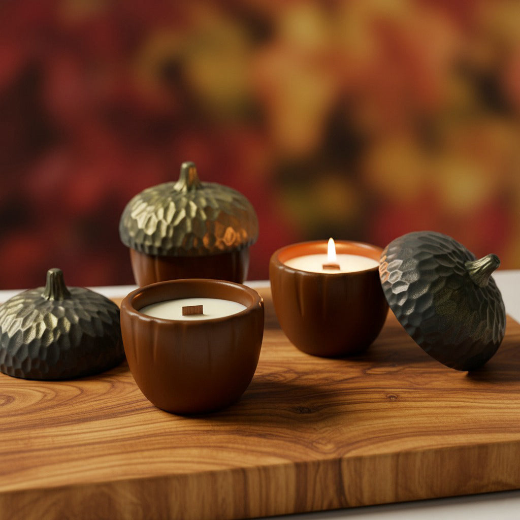 Candle holders shaped like acorns on a wooden surface with a blurred autumn background.