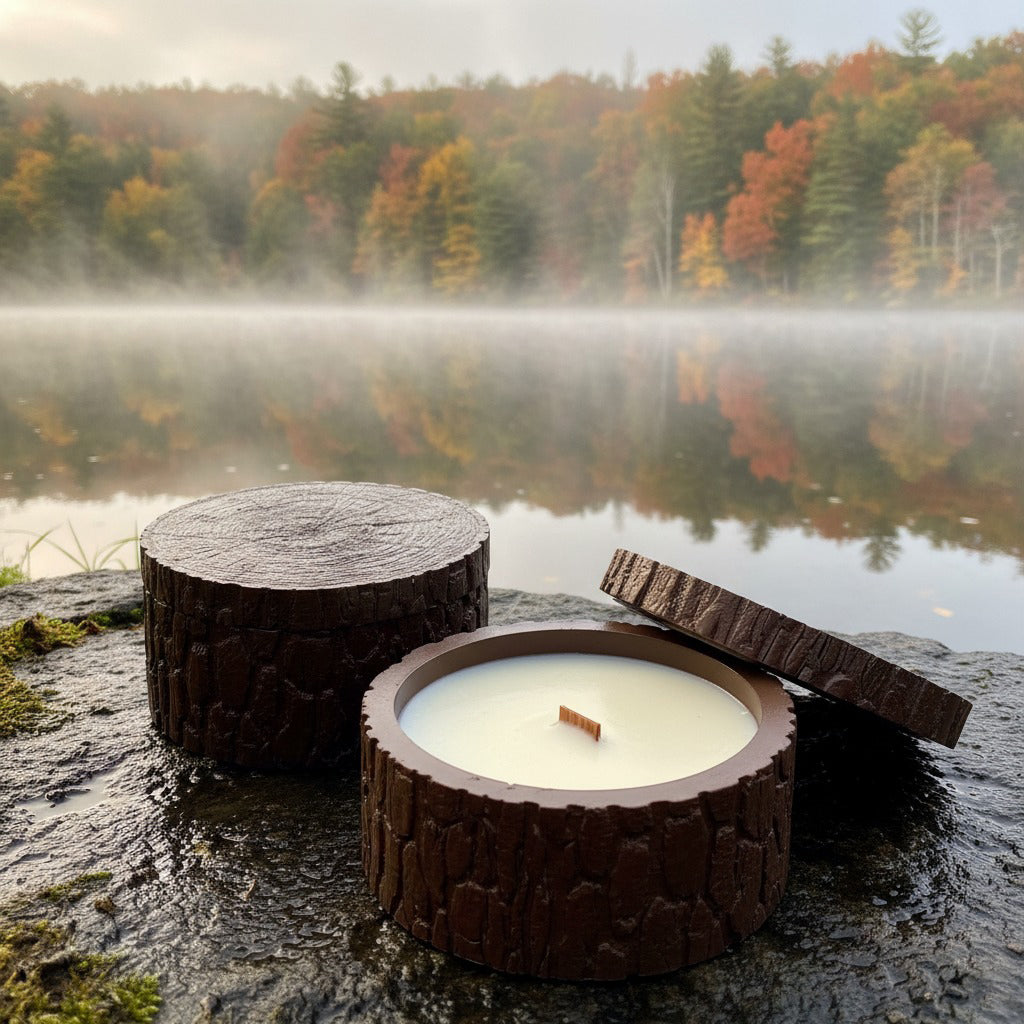 Rustic tree stump candle handmade from stonecast, soy wax, scented with smoky woods, spices and amber