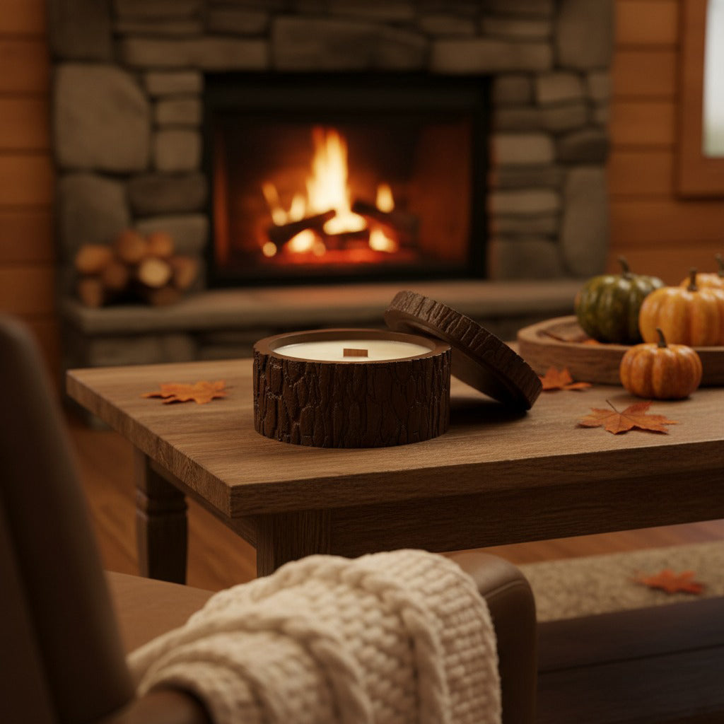 Handmade stone cast candle holder shaped like stump with a lit candle on a coffee table in front of a stone fireplace.