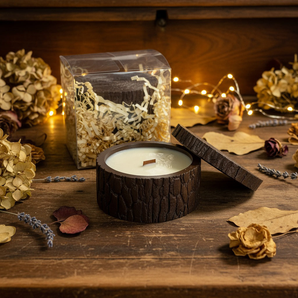 Candle in a wooden holder on a wooden surface with decorative elements