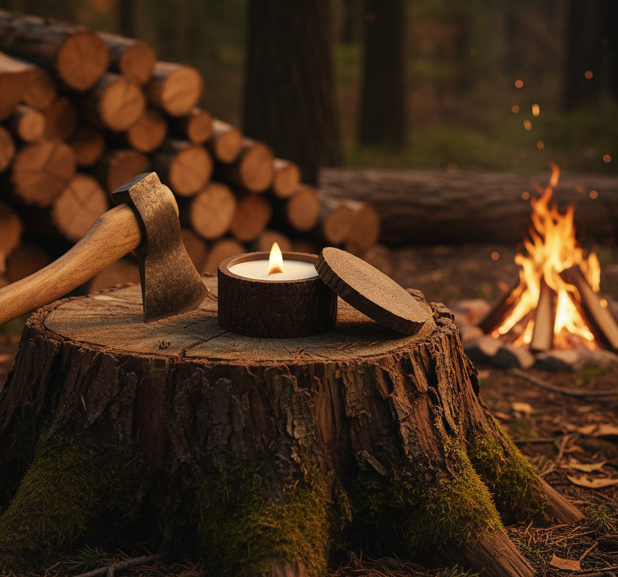 Candle on a wooden stump with an axe, surrounded by logs and a campfire in the forest.