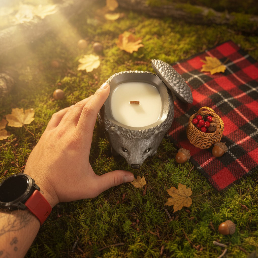 Luxury soy wax hedgehog candle in handcrafted stonecast vessel, Orchard Cider aroma, perfect autumn winter home décor gift.