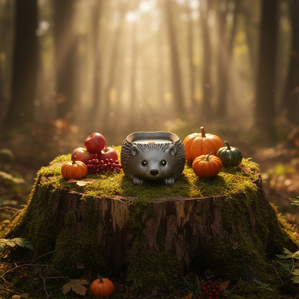 Unique artisan hedgehog-shaped candle, handmade in stonecast jar, scented with apple, cinnamon and spice notes.