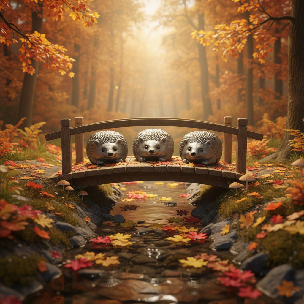 Three hedgehogs on a bridge in a forest with autumn leaves