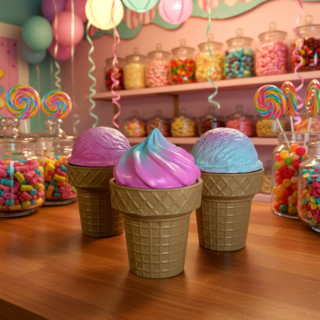 Handcrafted ice cream candle in stonecast cone, soy wax with candy floss fragrance, artisan gift.