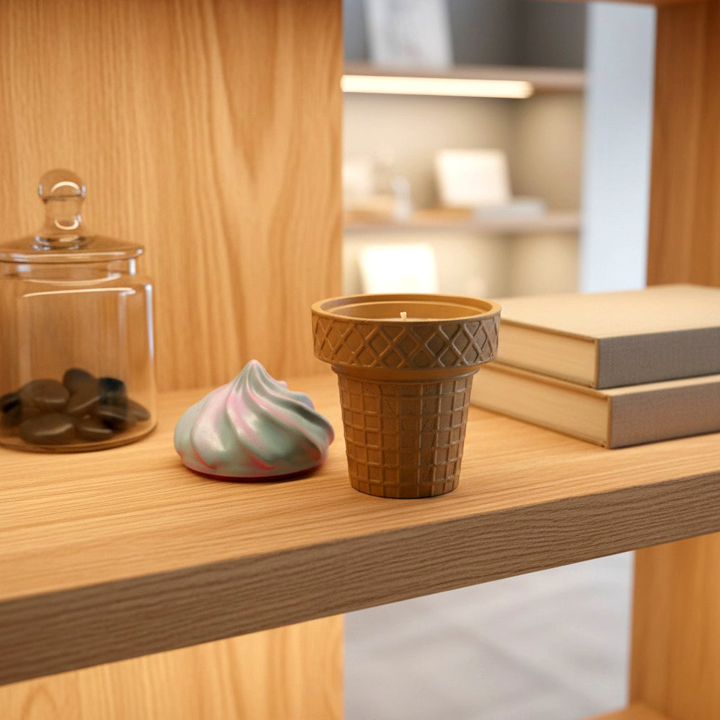 Stonecast ice cream cone candle, candy floss scent, fun quirky artisan home fragrance gift.