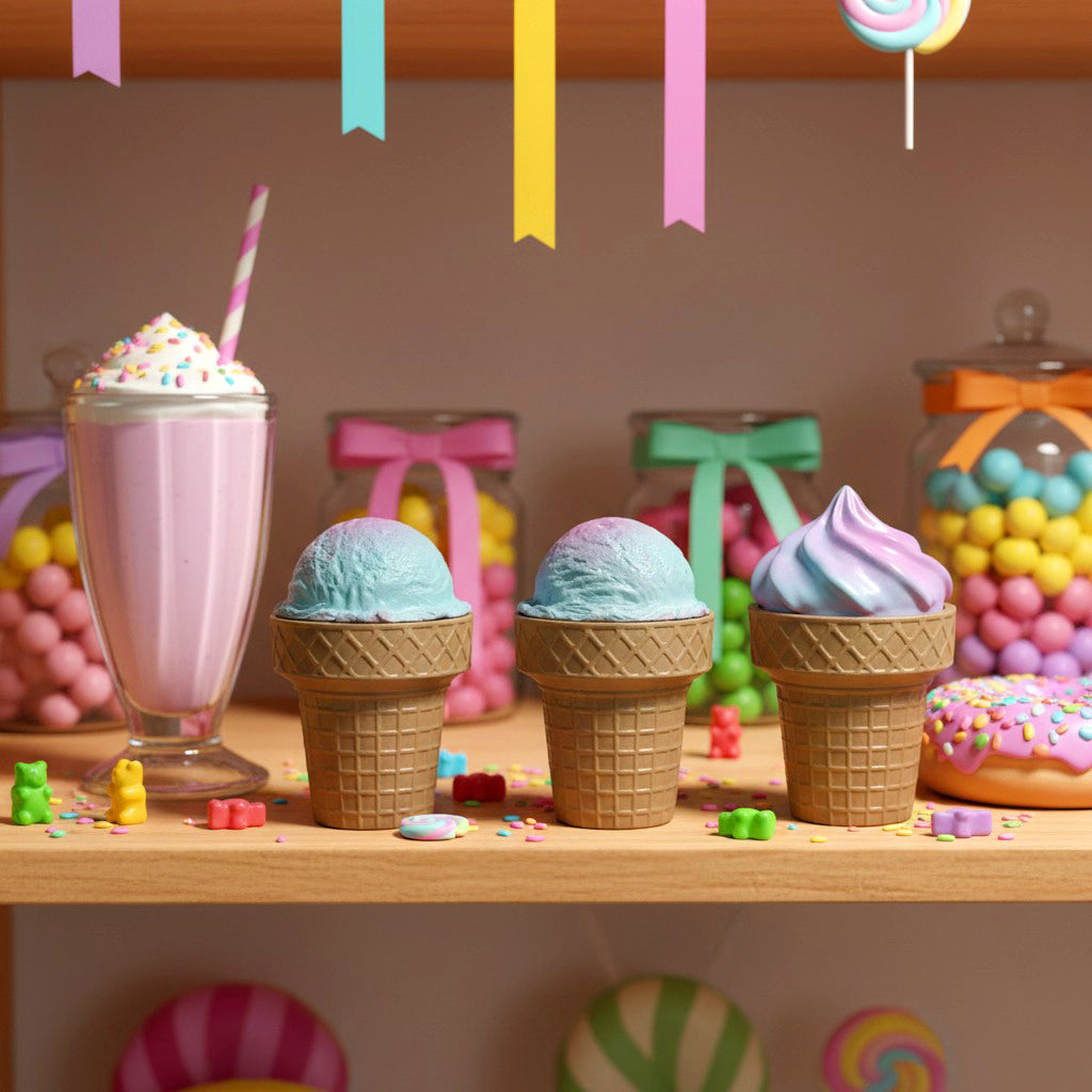 Unique ice cream candle with candy floss fragrance, eco-friendly soy wax, playful handcrafted design.