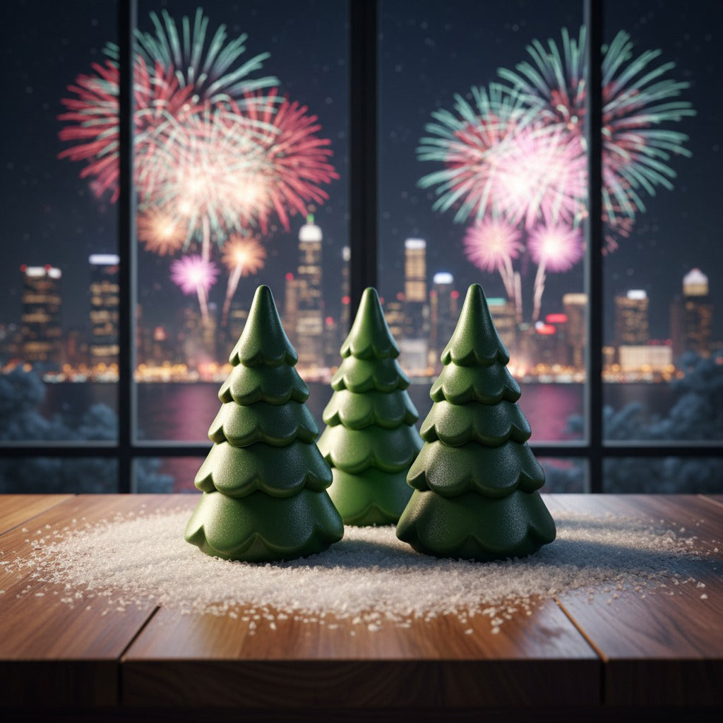 Close-up of green Christmas tree candle with layered design.