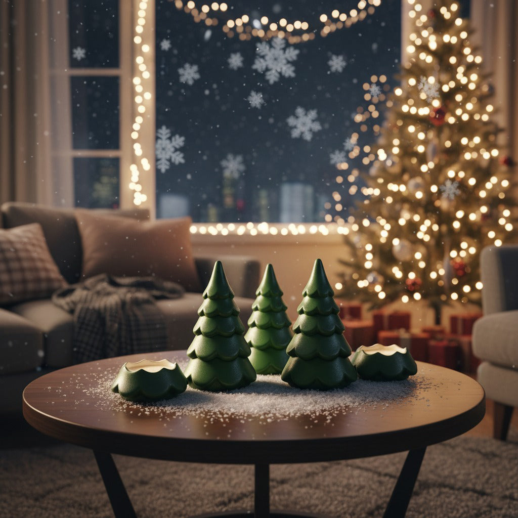 Holiday décor candle tree with Snow Fairy, Frosted Spice, and Autumn Sage scents.
