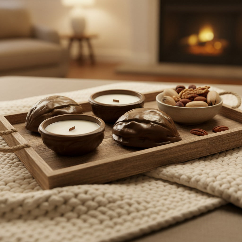 Unique walnut candle with blueberry muffin aroma, eco-friendly soy wax, rustic handcrafted design.