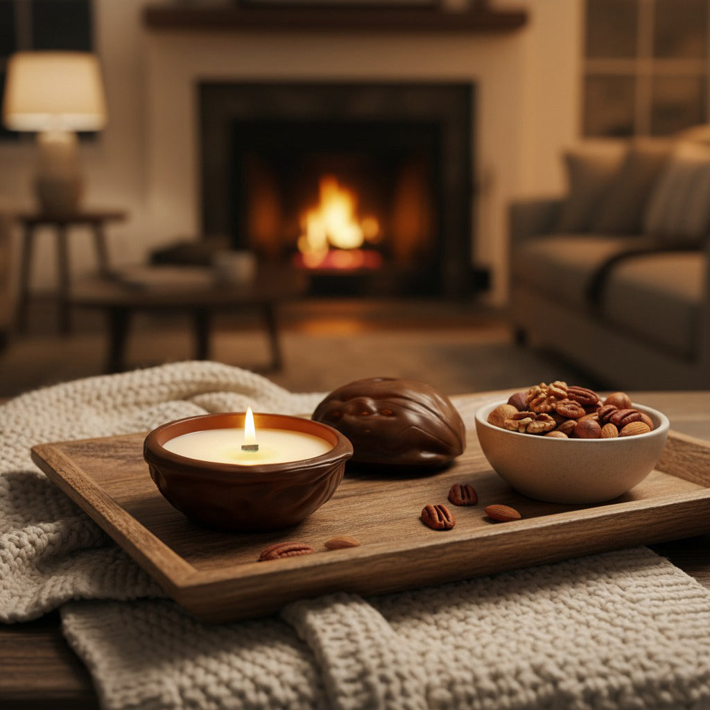 Walnut shaped Candle, bowl of nuts, and chocolate on a wooden tray with a fireplace in the background