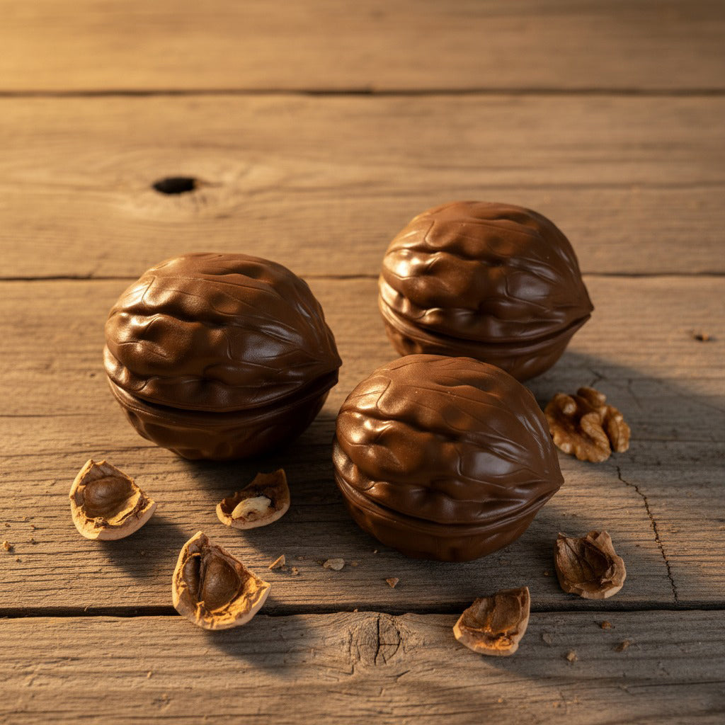Rustic walnut-shaped candle, handcrafted from stonecast, filled with blueberry muffin scented soy wax.