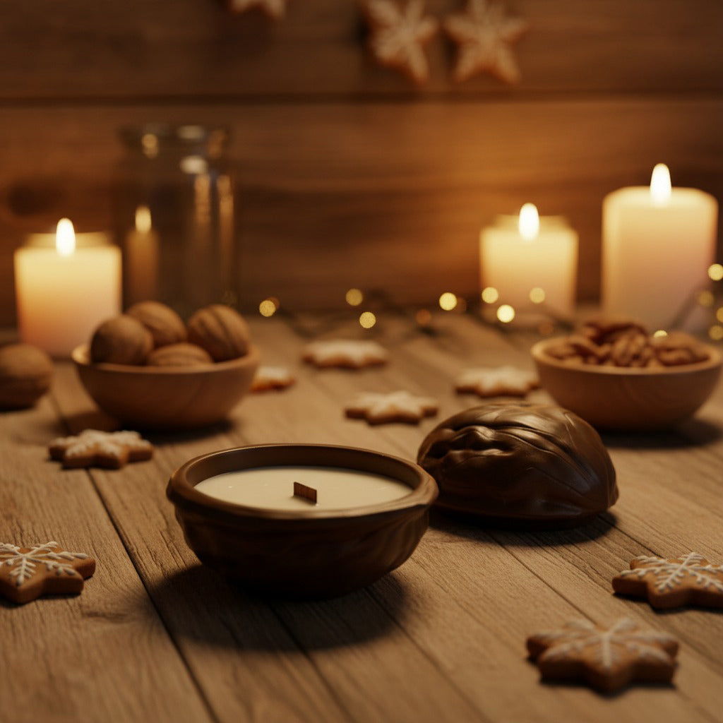 Eco-friendly soy wax candle in walnut design jar, blueberry muffin aroma, luxury handcrafted home décor gift.