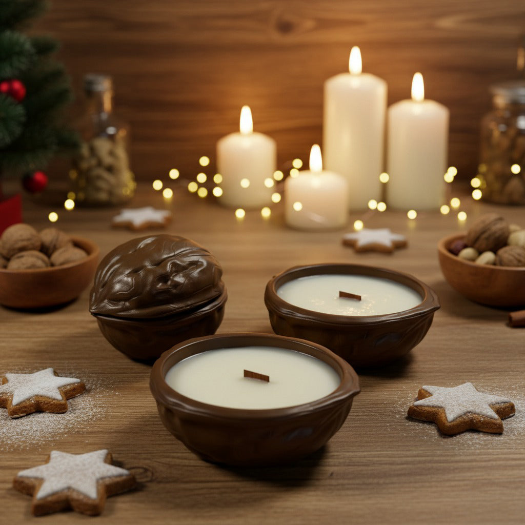 Candle holders with candles on a wooden table with Christmas decorations.