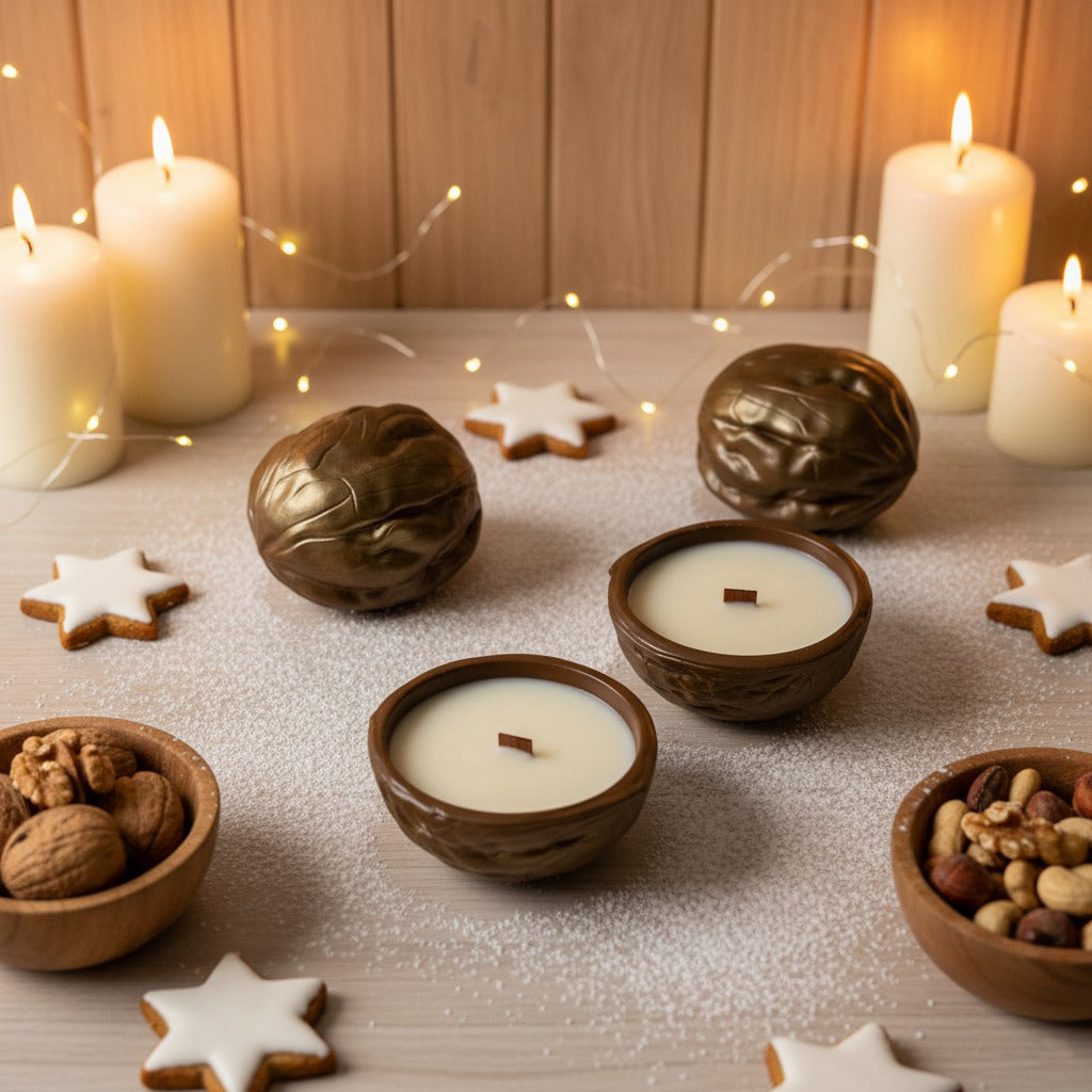 Decorative setting with candles, cookies, and wooden bowls on a wooden surface.