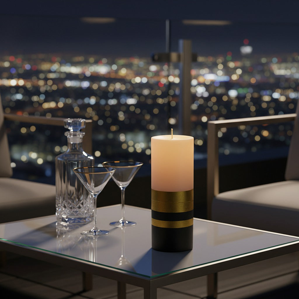 Candle, decanter, and glasses on a table with a cityscape at night in the background