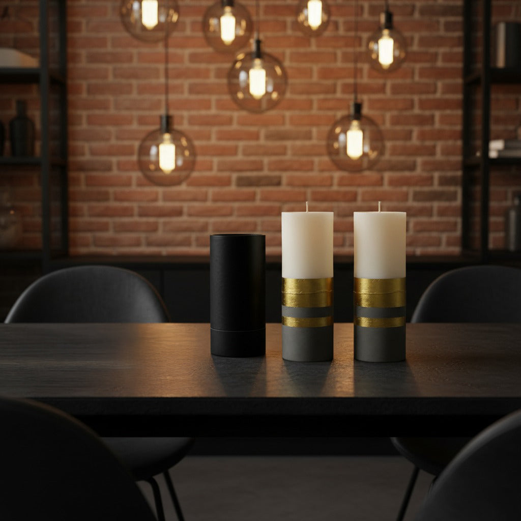 Three candles with gold on a wooden table in a dimly lit room with brick wall and hanging lights.