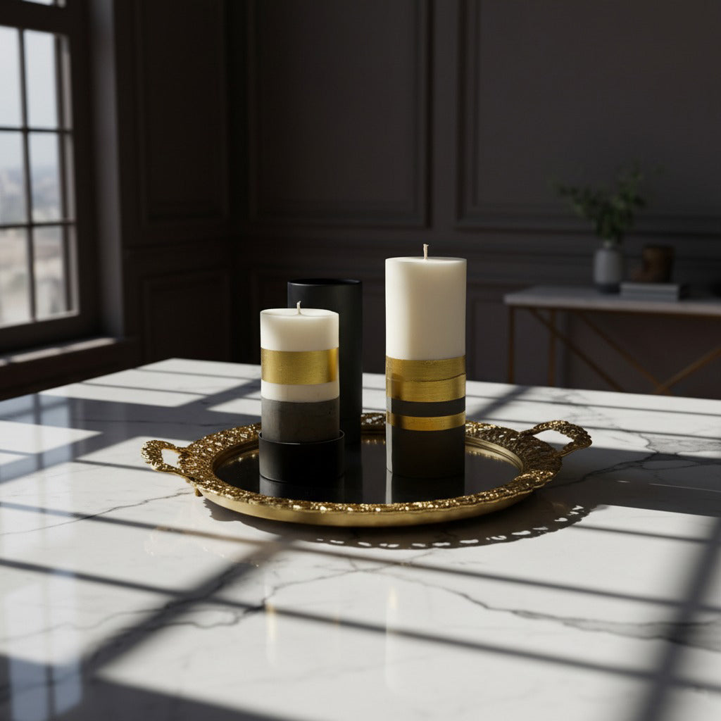 Decorative candles with gold stripes on a marble surface, sunlight casting shadows.