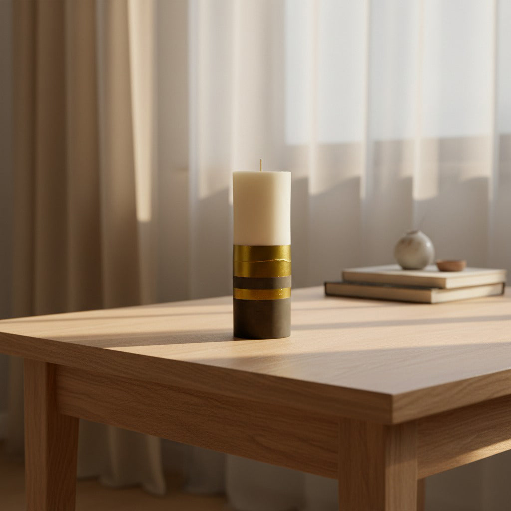 Heavy handcrafted candle with concrete base, luxury gift-ready packaging.