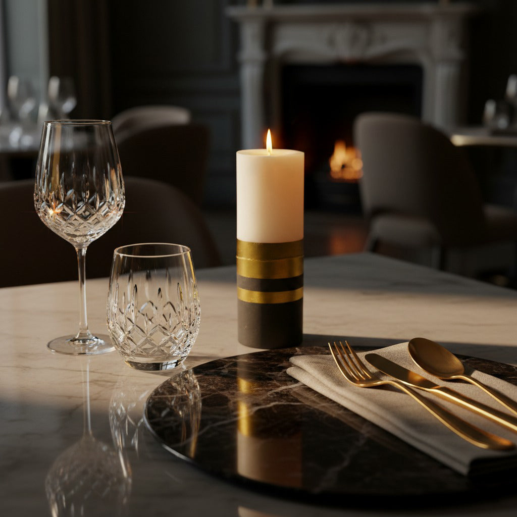 Luxury concrete base candle in gift packaging, modern centerpiece design.