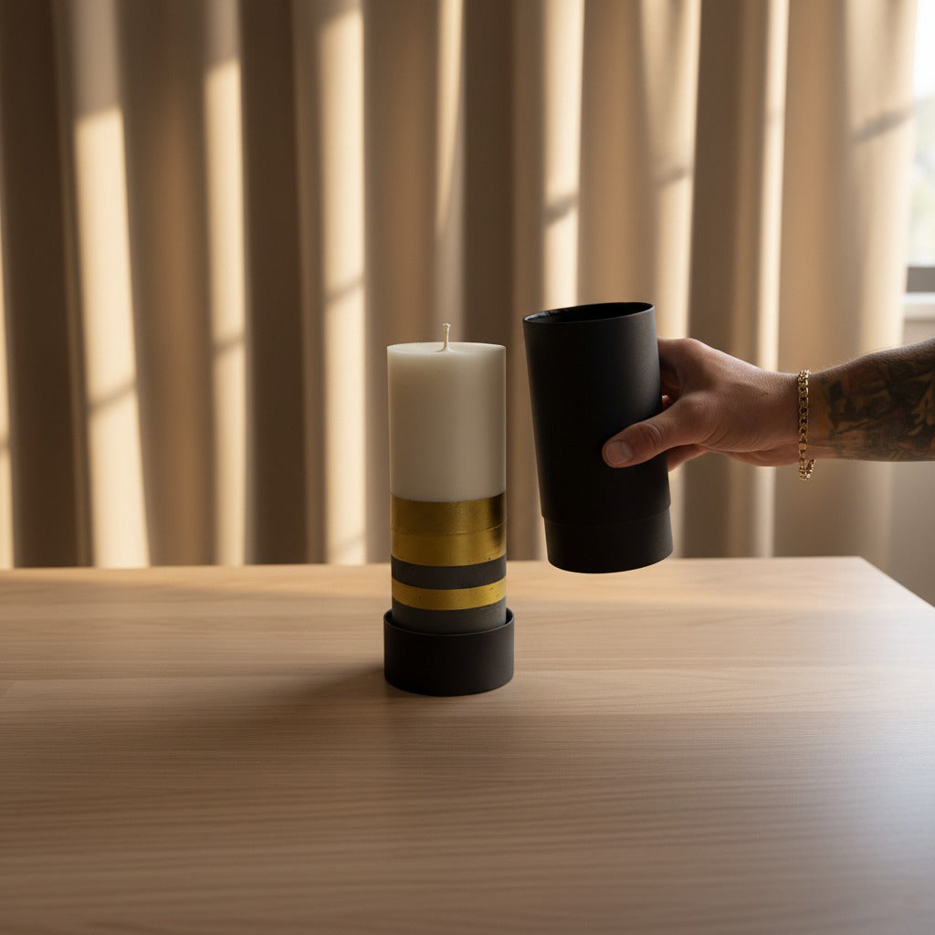 Handcrafted concrete and wax pillar candle with premium black gift tube.