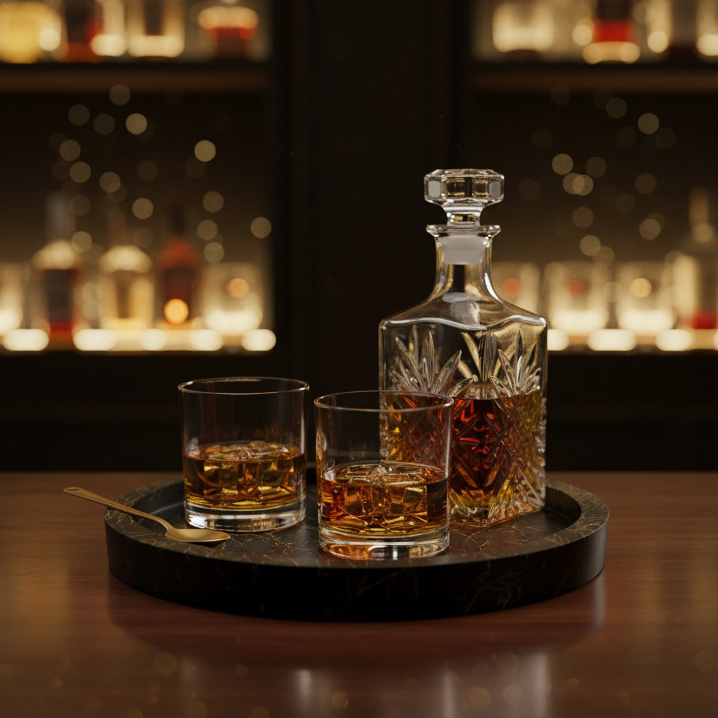 Crystal whiskey decanter with glasses on a dark marble tray against a bar background.